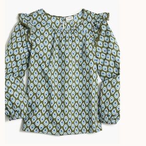J CREW - S - Green and Blue Block Printed Ruffle-shoulder Women's Top.